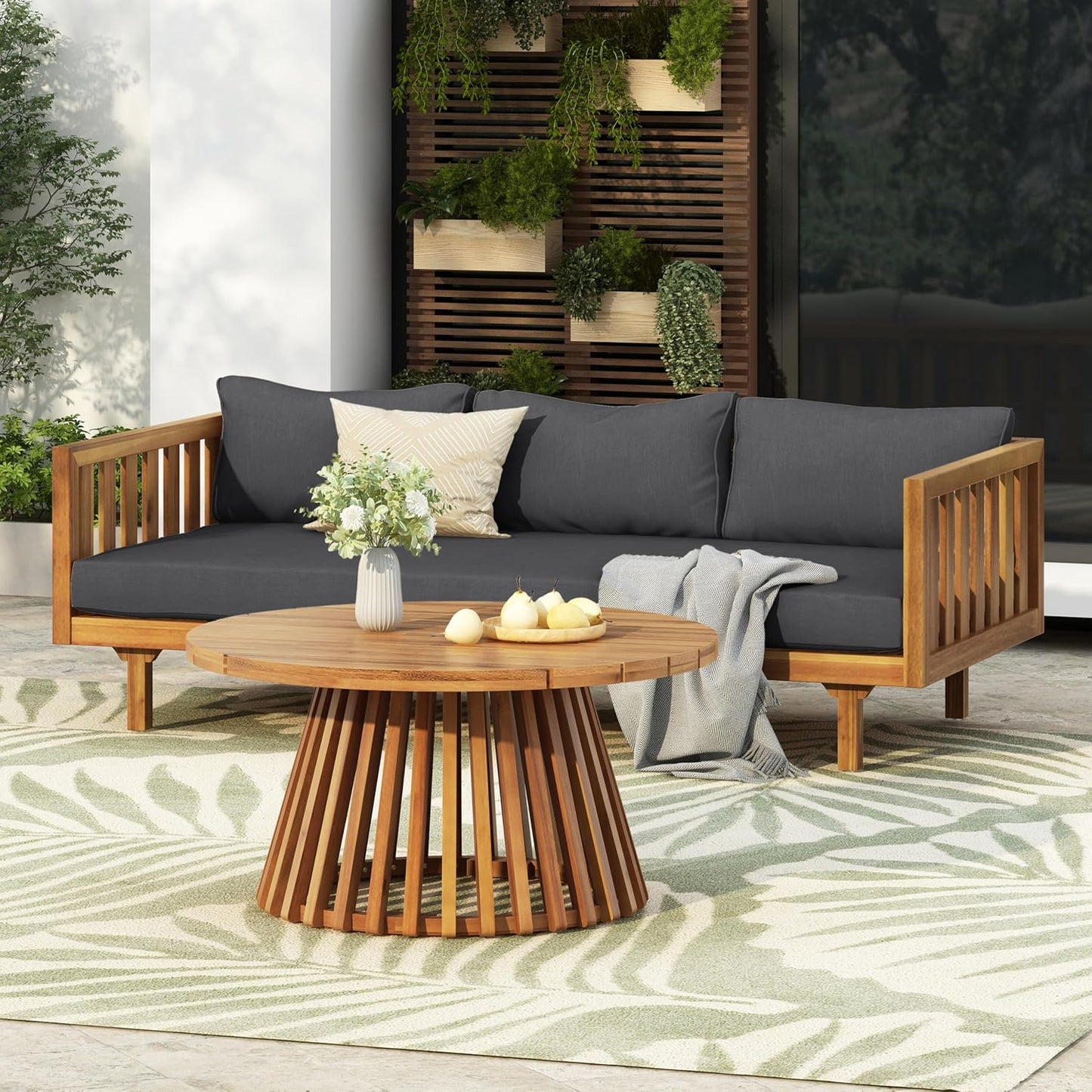 Christopher Knight Home Claremont Patio Sofa and Coffee Table Set, 2 Piece Outdoor Patio Furniture Set with Cushion, Acacia Wood 3 Seater Outdoor Sofa Daybed and Coffee Table Set, Teak+Dark Grey