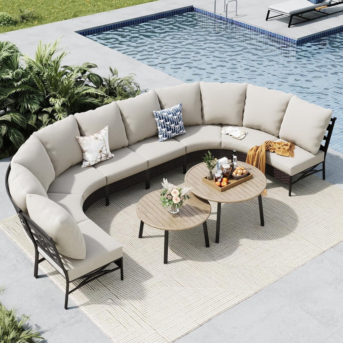 MFSTUDIO Patio Furniture Set, 8 Seats Half-Moon Curved Outdoor Sectional Sofa Conversation Set with 2 Wood-Like Round Table, Woven Rattan Patio Couch for Backyard, Garden, Deck