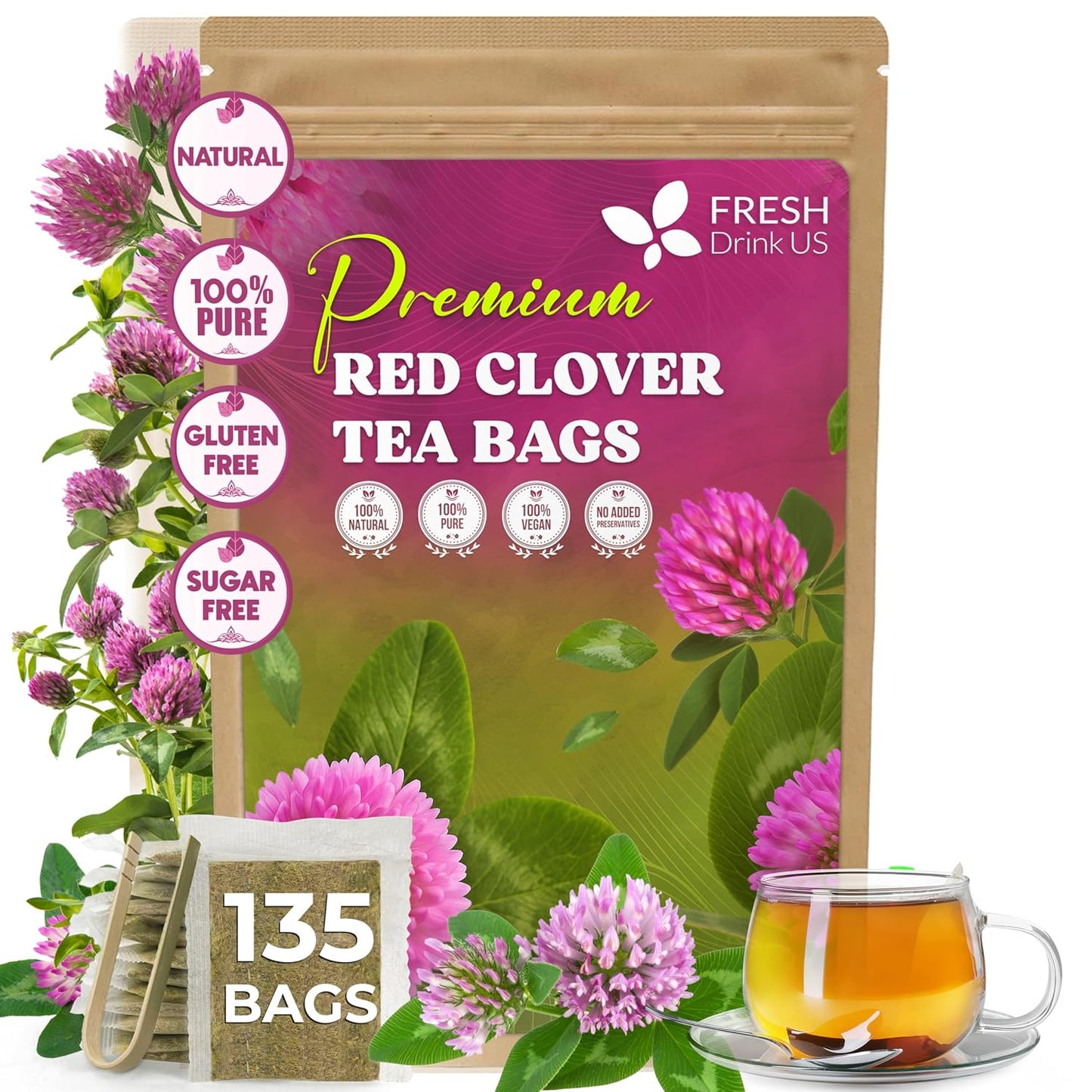 FreshDrinkUS, Premium Red Clover Herbal Tea– 135 Tea Bags – Pure – Naturally Smooth & Mild Flavor – Premium Quality, Eco-Conscious Packaging. Caffeine-Free. Gluten Free. Vegan