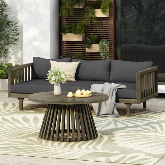 Christopher Knight Home Claremont Patio Sofa and Coffee Table Set, 2 Piece Outdoor Patio Furniture Set with Cushion, Acacia Wood 3 Seater Outdoor Sofa Daybed and Coffee Table Set, Dark Grey+Grey