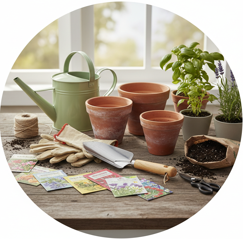 circle photo of garden supplies, make a real photo